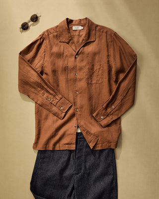 Brown linen long-sleeve button-up shirt with pointed collar and chest pocket