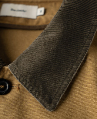 Close-up of dark corduroy collar on the khaki jacket