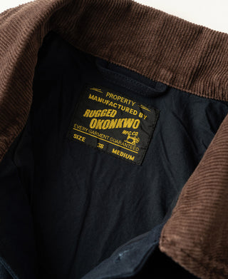 Jacket interior label on navy fabric beneath brown corduroy-style collar
