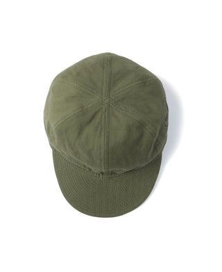Olive A-3 flight cap with curved brim and top vent panel stitching