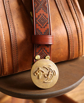 Navajo Tooled Plate Buckle Leather Belt - Brown