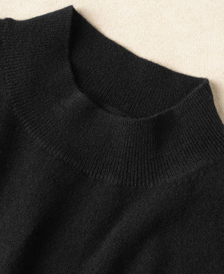 Black mock neck sweater neckline with ribbed knit and smooth texture