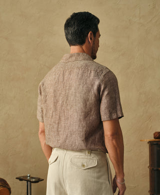 lifestyle shot of Yarn-dyed Linen Camp-Collar Shirt - Coffee