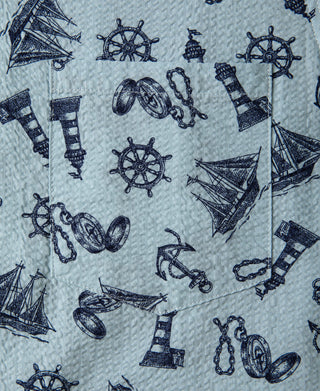 Nautical Printed Seersucker Short Sleeve Camp Shirt - Light Blue