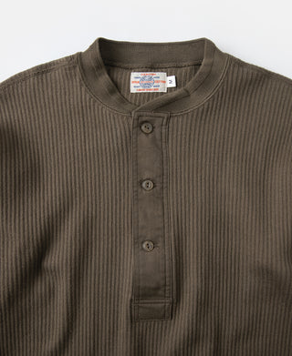 Ribbed Long Sleeve Henley T-Shirt - Olive Brown