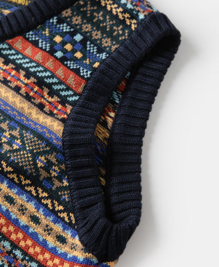 Fair Isle Wool Blend Knit Vest - Navy