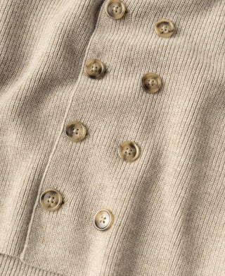 Ecru knit cardigan with close-up of buttoned front and ribbed edge trim