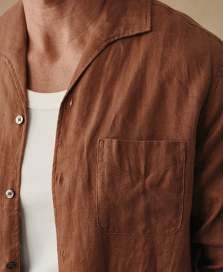 1950s Italian Collar Long-Sleeve Linen Shirt - Brown