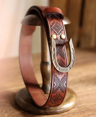 Navajo Tooled Stirrup Buckle Leather Belt - Brown