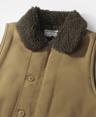 Khaki deck vest detail with plush dark shearling collar and front buttons