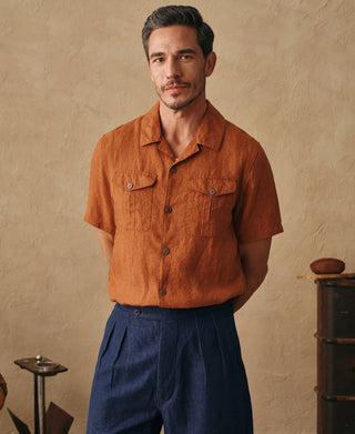 lifestyle shot of Yarn-dyed Linen Camp-Collar Shirt - Red