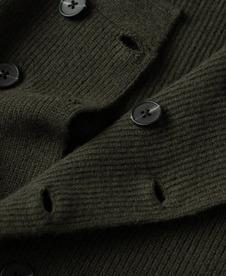 Olive knit cardigan with button-front detail and ribbed sleeve cuff