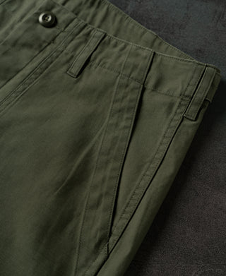 Olive fatigue pants front pocket and seam detail with pleat-like paneling.