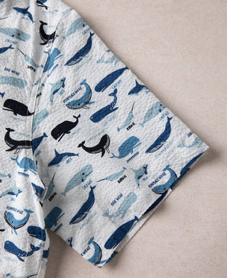 Marine Life Printed Seersucker Short Sleeve Camp Shirt - White