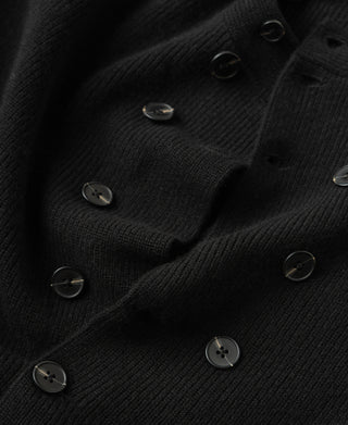 Close-up of black ribbed knit cardigan with double-row buttons