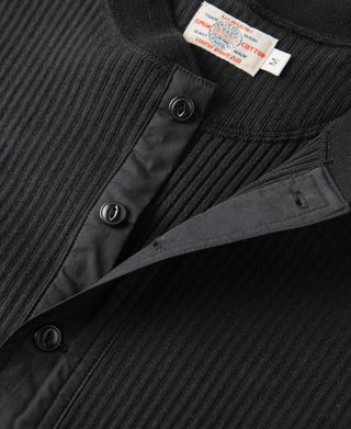 Ribbed Long Sleeve Henley T-Shirt - Black