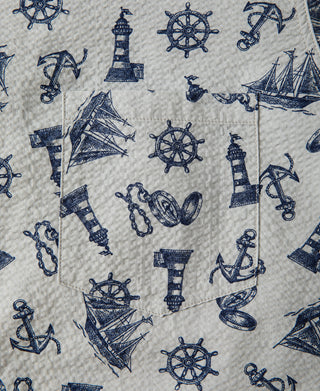 Nautical Printed Seersucker Short Sleeve Camp Shirt - Light Gray