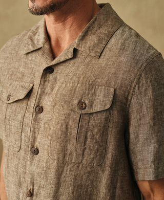 pocket detail of Yarn-dyed Linen Camp-Collar Shirt - Coffee