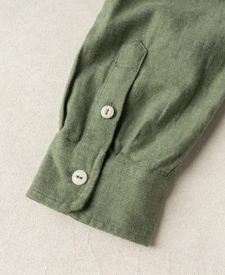 Sage flannel work shirt cuff with two-button closure