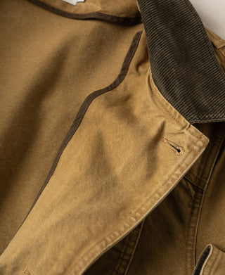 Khaki canvas field jacket with dark corduroy collar and inner placket