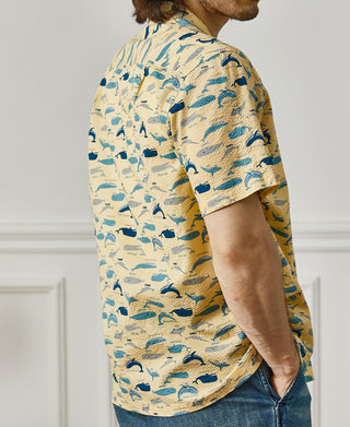 Marine Life Printed Seersucker Short Sleeve Camp Shirt - Light Yellow