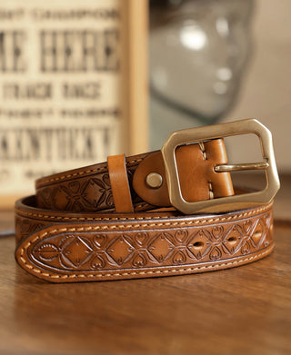 Western Tooled Leather Belt - Brown