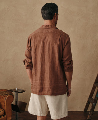 1950s Italian Collar Long-Sleeve Linen Shirt - Brown