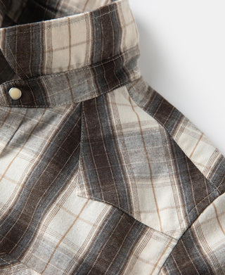 Western plaid shirt close-up: high collar with button, pleated yoke, long sleeves.