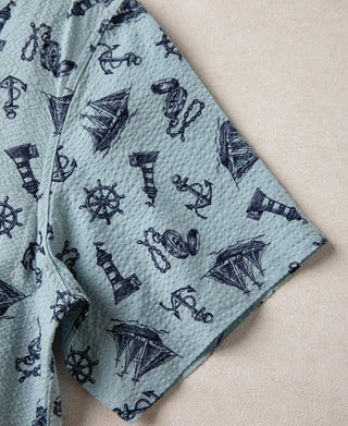 Nautical Printed Seersucker Short Sleeve Camp Shirt - Light Blue