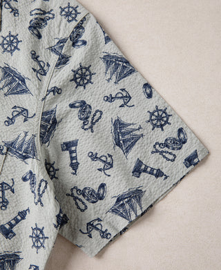 Nautical Printed Seersucker Short Sleeve Camp Shirt - Light Gray