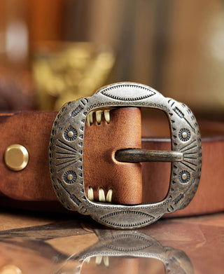 Arrow & Shield Pattern Brass Buckle Leather Belt - Light Brown