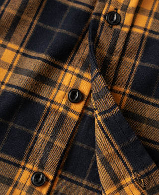 Yellow and navy plaid work shirt front placket with three dark buttons