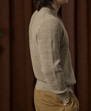 Textured Melange Knit Henley Shirt - Brown Beige