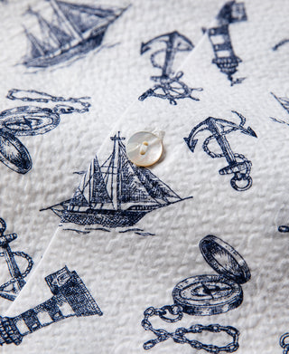 Nautical Printed Seersucker Short Sleeve Camp Shirt - White