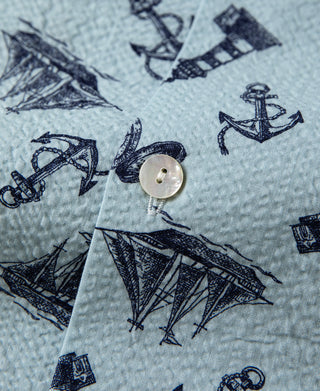 Nautical Printed Seersucker Short Sleeve Camp Shirt - Light Blue