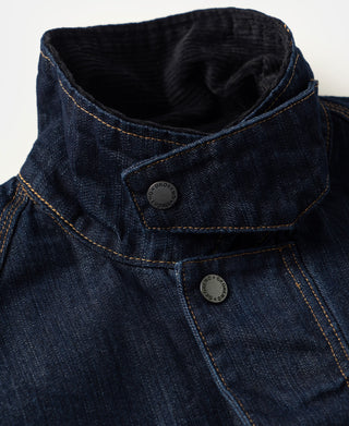 Indigo denim jacket neck area with corduroy stand collar and metal snaps
