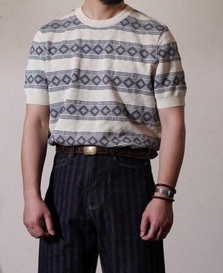 Diamond Pattern Jacquard Crew Neck T-Shirt - Blue/White