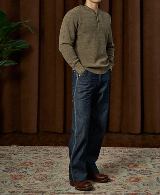 Textured Melange Knit Henley Shirt - Olive