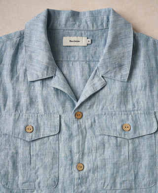 overview of Yarn-dyed Linen Camp-Collar Shirt - Washed Blue