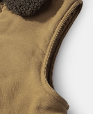 Khaki deck vest armhole with reinforced edge stitching