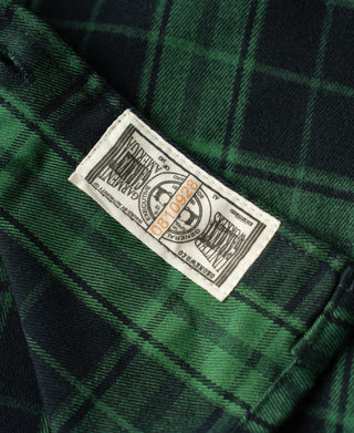Green plaid shirt with sewn-in size label inside collar yoke