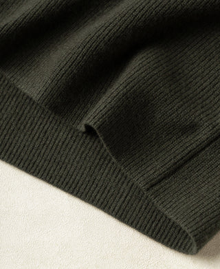 Olive knit cardigan hem with ribbed cuff and folded sleeve edge