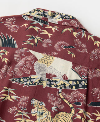 Ukiyo-e Tiger & Crane Pattern Aloha Shirt - Wine Red