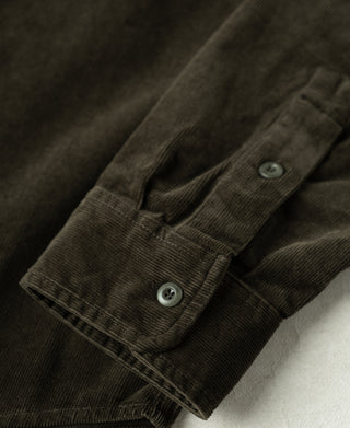 Rosin green cotton corduroy shirt cuff with two buttons and stitched placket