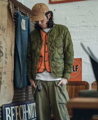 Military Style Quilted Padded Ripstop Nylon Jacket - Olive