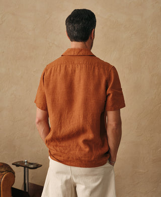 lifestyle shot of Yarn-dyed Linen Camp-Collar Shirt - Red