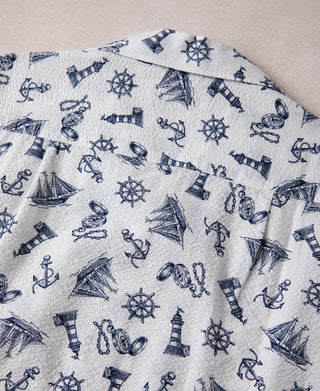 Nautical Printed Seersucker Short Sleeve Camp Shirt - White
