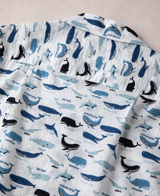 Marine Life Printed Seersucker Short Sleeve Camp Shirt - White