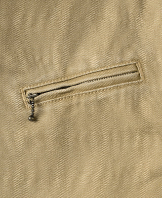 Washed khaki duck canvas jacket pocket with drawstring and metal end