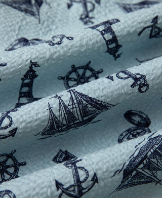 Nautical Printed Seersucker Short Sleeve Camp Shirt - Light Blue